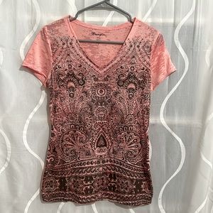 Wrangler, Pink & Gray Print With Blingy Studs, Short Sleeve V Neck Top, Small